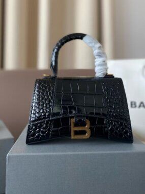 Balenciaga Hourglass XS Black Leather Top Handle Crossbody Bag B Logo